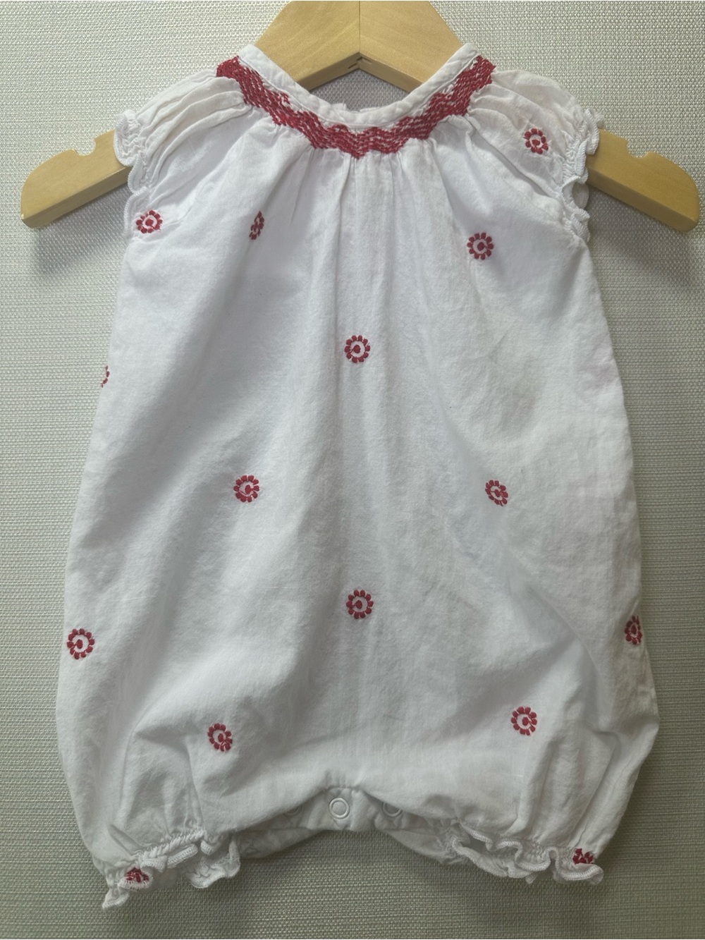 Pink Chicken White Romper with Red Smocked Neck & Floral Embroidery